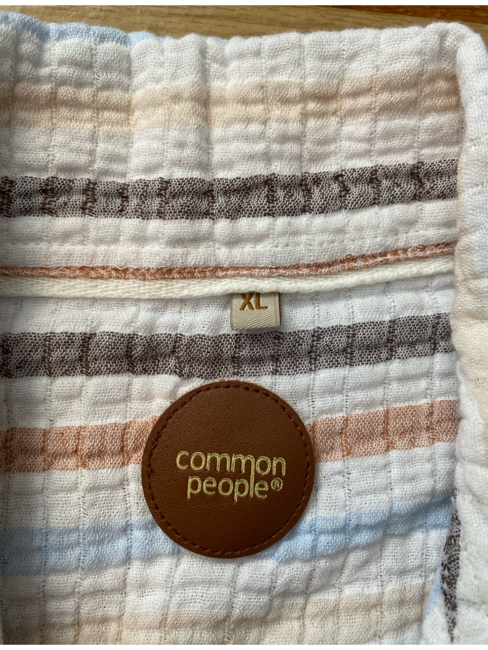 COMMON PEOPLE  Striped Short-Sleeve gauzy  Shirt - White with Blue & Brown XL